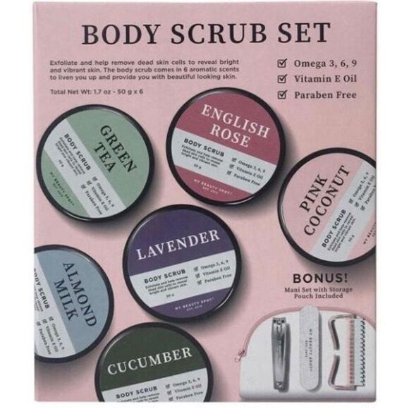 MY BEAUTY SPOT - NWT - Body Scrub Set. 6 Body Scrubs + Bonus Mani Set w/Case - Picture 2 of 13